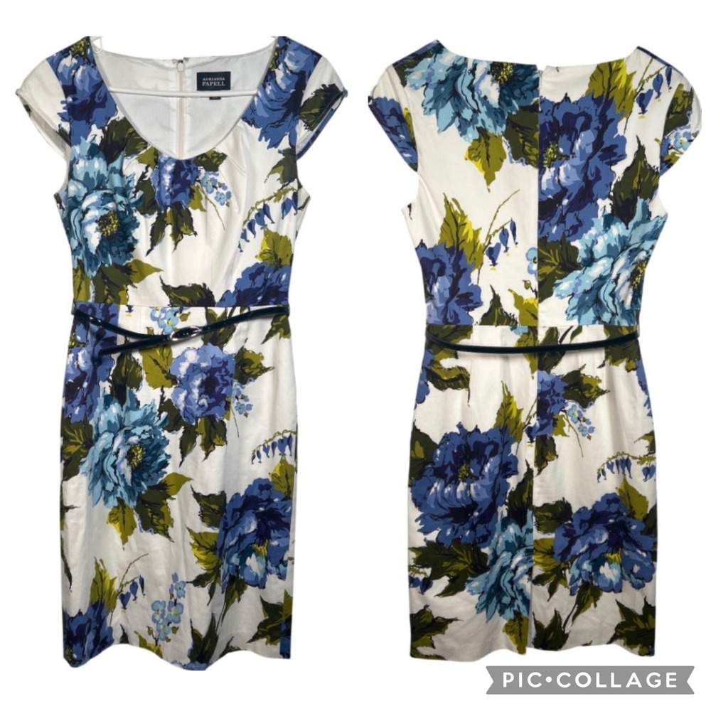 Adrianna Papell Dress Blue Floral Cotton Blend Belted Sheath Wedding Preppy Sz 6